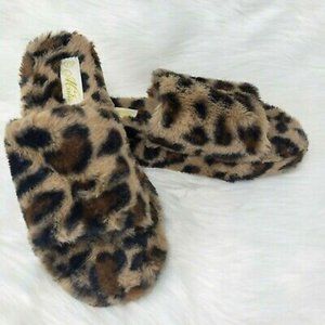 Mata Leopard Pattern Soft Faux Fur Slip On Open Toe Slide Slipper Shoes